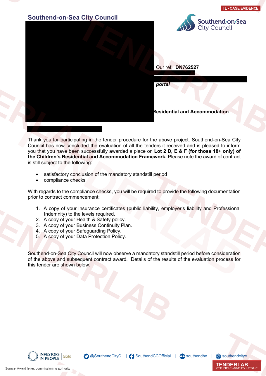 Award letter — Southend-on-Sea Children's Residential and Accommodation Framework 2025–2028